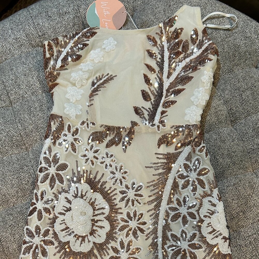 Gold & White one shoulder beaded mini dress